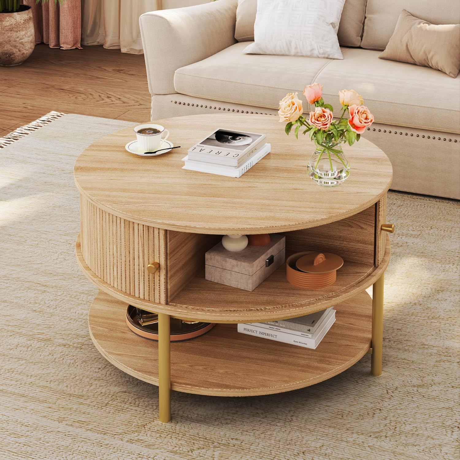 23.6" Round Coffee Table with Storage, Mid Century Modern Coffee Table with Sliding Cabinet Door, Round Metal Legs, 3-Tier Small Round Coffee Tables for Living Room, Oak