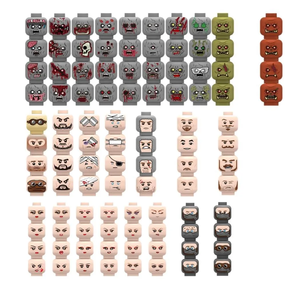 bq009 Bricks & Parts Building Toy Set - Injured Emotional Face Heads, Army Soldier Figures, Zombie Heads, Military Weapon Components