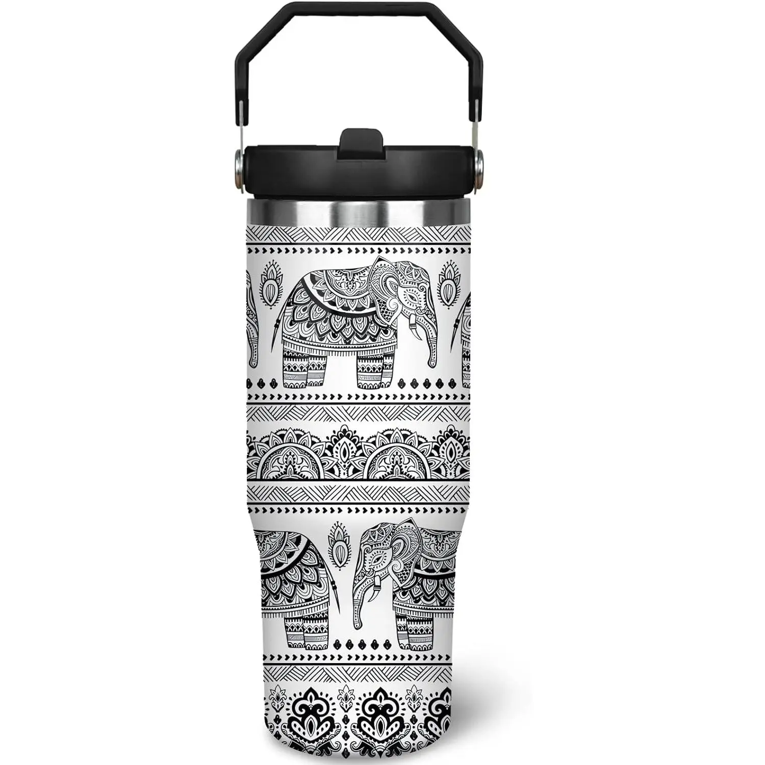 30 oz Stainless Steel Insulated Elephant Print Flask - Leakproof Reusable Vacuum Kitchenware Tumbler with Handle, Flip Straw, Portable Thanksgiving Gift for Animal Lovers, Beverage Container