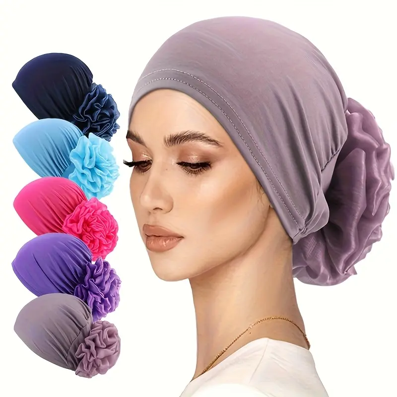 4-Piece Hijab Undercap Set for Women, Floral Turban Style Stretchy Caps, Soft Casual Head Scarves for Daily Wear