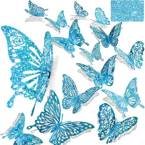 60 Pcs 3D Sequined Cyan Butterfly Wall Decor, 5 Styles 3 Sizes,Butterfly Cake Decorations Iridescent,Metallic Room Mural Wall Stickers for Bedroom Home, Ofice, Party Decor (Sequined Cyan)