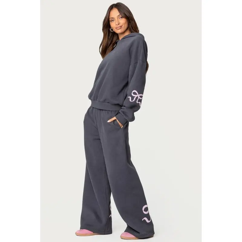 Women's 2-Piece Bow Graphic Print Tracksuit, Oversized Cotton-Polyester Pullover Hoodie & High Waist Sweatpants Joggers for Sports & Outdoor Activities