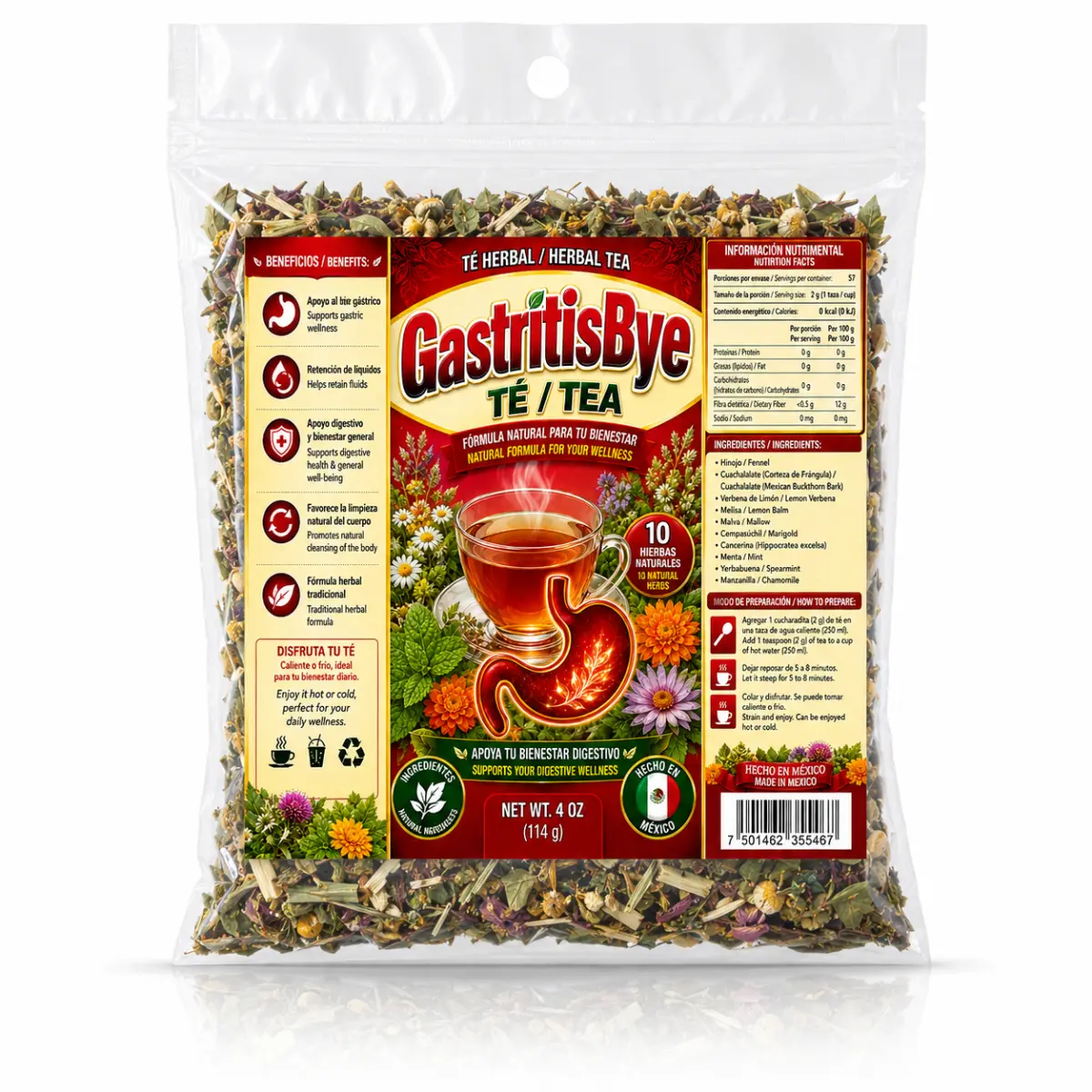 Viral Gastritis BYE Herbal Compuesto Herbal  Premium Tea 4oz (114g) – 100% Natural Herbal Infusion – Hecho en Mexico – Makes 40+ Cups – Herbal Mixture for Digestive Comfort – Té para Bienestar Estomacal – Non-GMO | No Cafeína