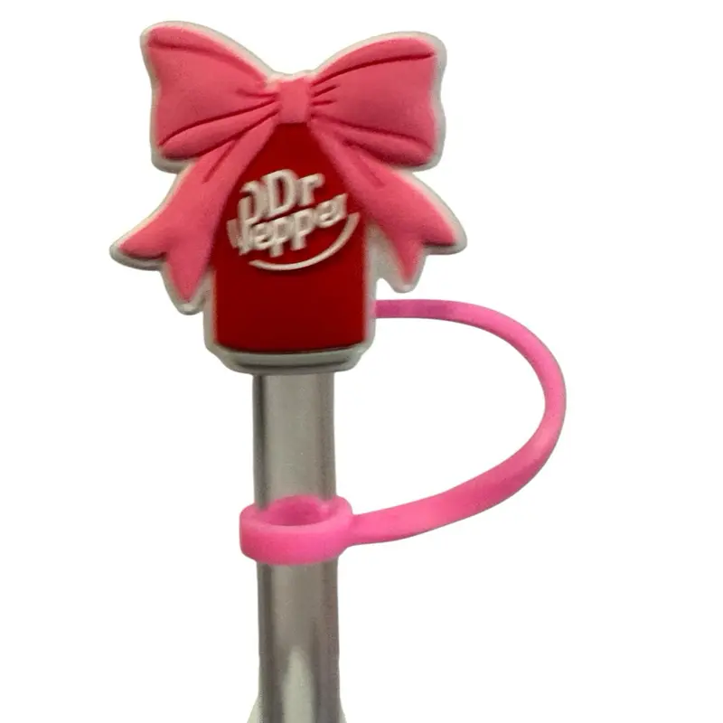 Dr Pepper Silicone Straw Toppers, Adorable Pink Bow Design for 20oz Straws, Vibrant Red & Pink Color Scheme, Whimsical Drinkware Accessory for Fun Drinking Experiences, Silicone Straw Topper