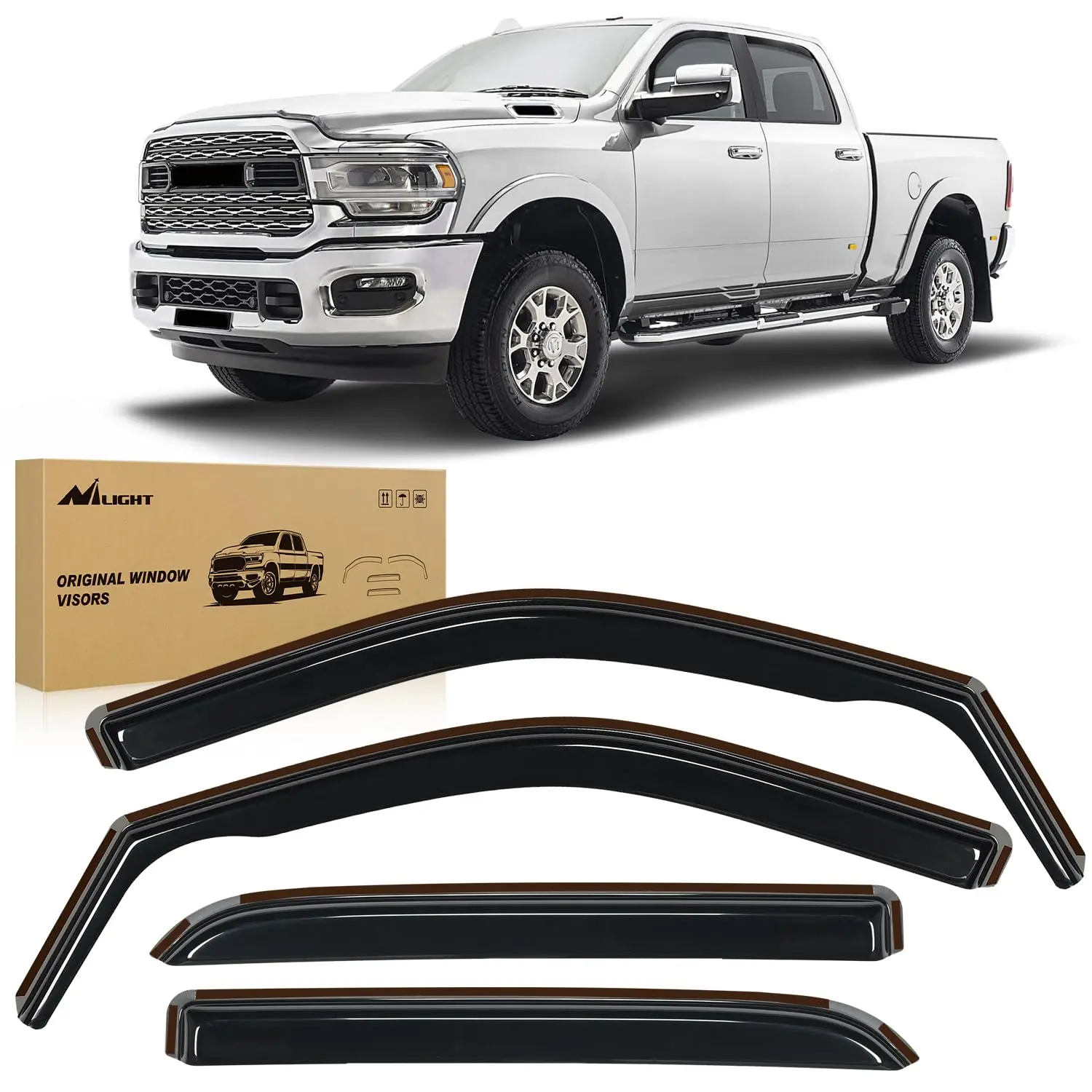 Nilight Window Rain Guards for Dodge Ram 2500 3500 Crew Cab 2019 2020 2021 2022 2023 2024 2025 2026, Side Window Deflectors Vent Visors, Smoke Tint, Reduce Wind Noise, Car Wash Safe, 4PCS