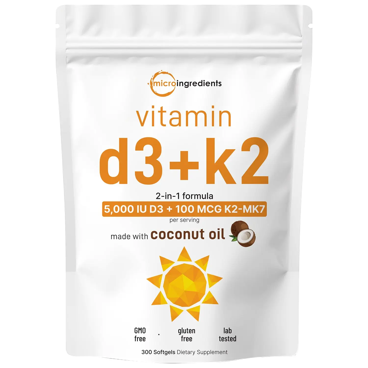 Micro Ingredients Vitamin D3 K2 5000IU /2000IU / 1000IU, Infused with Virgin Coc...