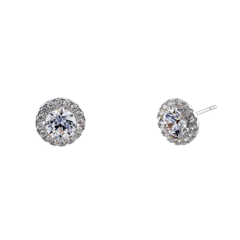 Solid 14K White Gold Simple Halo Round CZ Earrings
