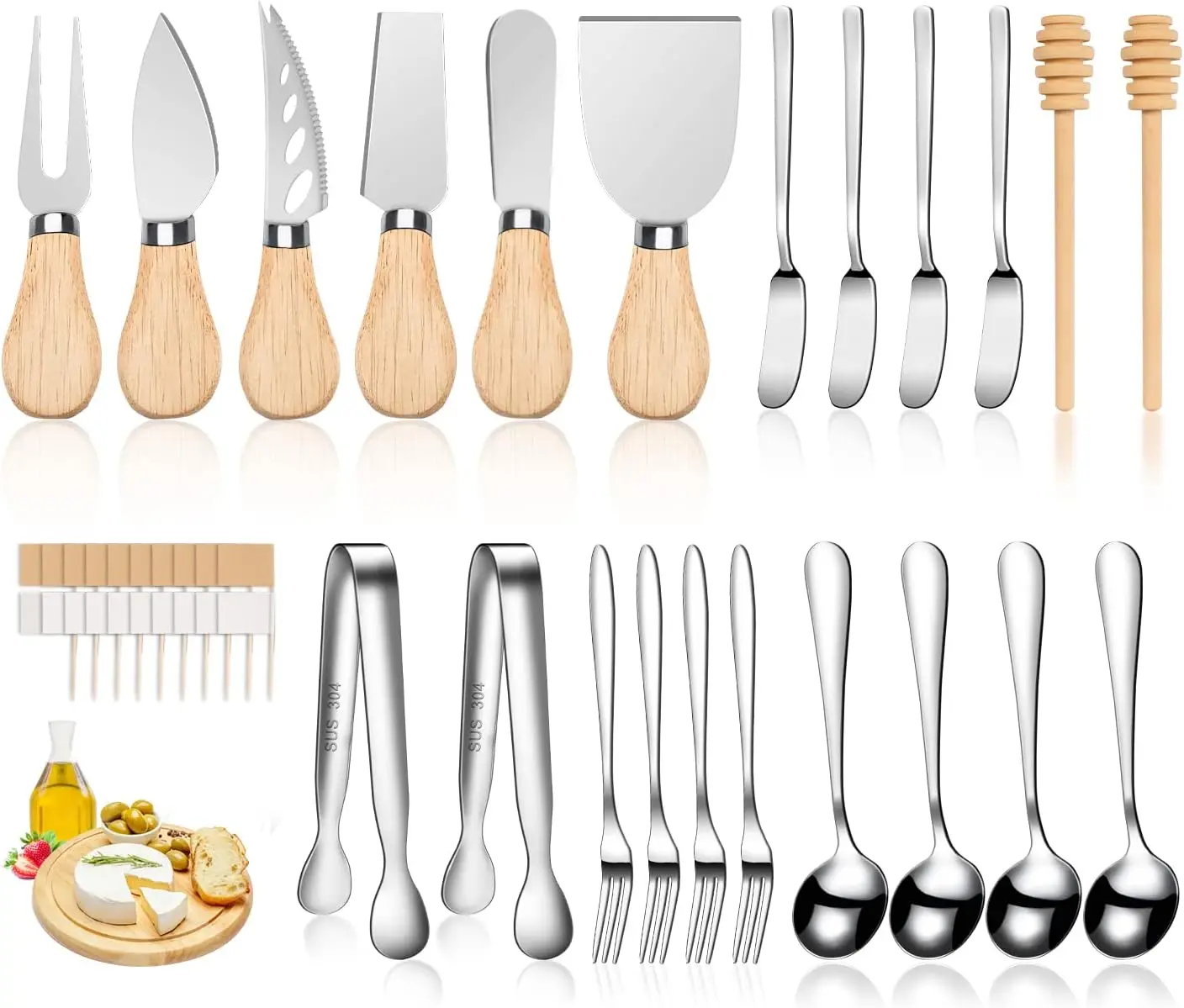 New Deal - Charcuterie Board Accessories Wooden Cheese Spreader Knive Set, Wood Handle Butter knives For Cheese Kit, Mini Cheese Knife Slicer With Tongs, Spoons, Forks,Honey Dipper (23 Pack)