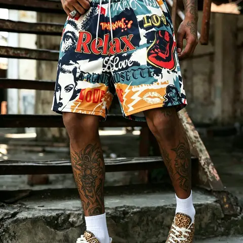 Men's Casual Streetwear, Drawstring Waist, Vintage Portrait Patchwork, Soft Lightweight Fabric, Hip-Hop Style, Summer Daily Wear, Drawstrings Shorts