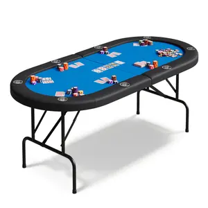 8-Player Collapsible Poker Table - 71" Portable Casino Game Table for Texas Hold'em - Cushioned Rail & Cup Holders - Sturdy Folding Design - Green Surface with Black Edge