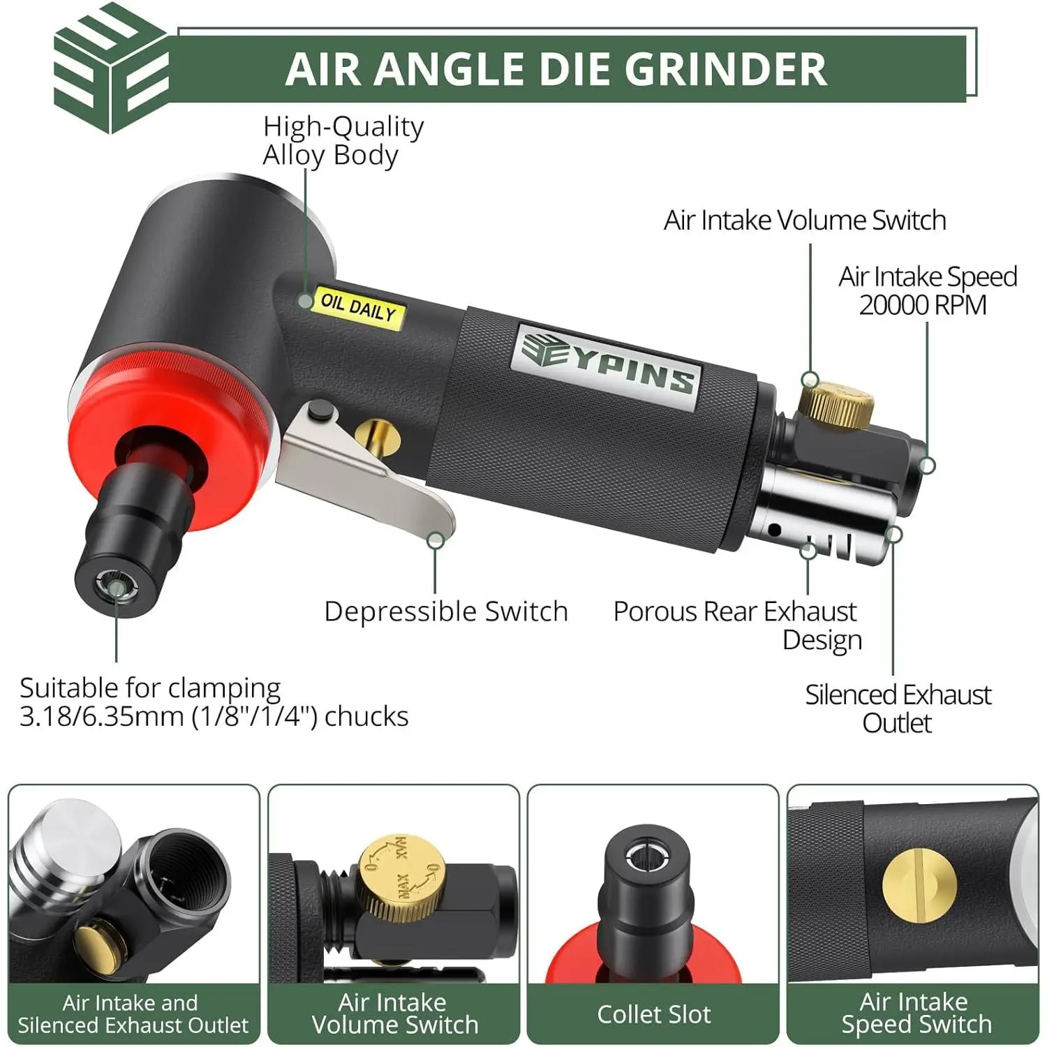 EYPINS Air Angle Grinder,Air ‎Right Angle Die Grinder 1/4" 90 Degree Heavy Duty 20000 RPM Pneumatic Sander Polisher Tool for Contour Grinding, Polishing, Milling, 28PCS