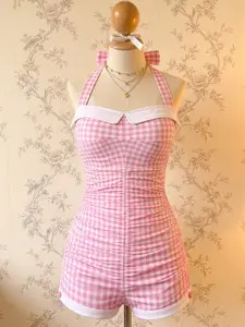 RETRO STAGE Women's 1950s Gingham Halter Bowknot 1-Piece Swimsuit, Padded High Stretch Swimwear, Available in Yellow, Red, Blue, Green, Black, Light Green, One Piece Swimsuitvacation swimwear for women cute summer outfits