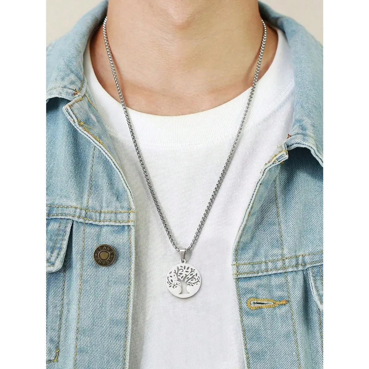 2-Pack Stainless Steel Chain & Link Pendant Necklaces with Elegant Hollowed-Out Tree of Life, Fade-Proof for Adults, Anniversary Gift, Unisex, Geometric Circular Hollowed-Out Tree, Corrosion-Resistant, Silvery
