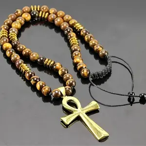 Ankh Cross Necklace with Natural Tiger Eye Beads, Adjustable Knot Cord. The black version is made of art glass. Perfect Gift for Him/Her/Mom & Men’s Accessories.