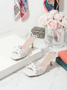 Summer High Heel Sandals, Floral Pattern Sandals, Square Toe Thin Heel, Textile Bow, Elegant Versatile, Dating Party, Sexy Fashion, Women's High Heels