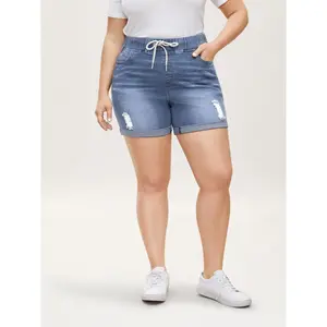 BLOOMCHIC Plus Size Pull-On Denim Shorts with Drawstring and Elastic Waist [M–6X], 3271, Summer Vibes