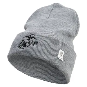 US Marine Corps Seal Logo Embroidered 12 Inch Solid Knit Cuff Long Beanie Made in USA