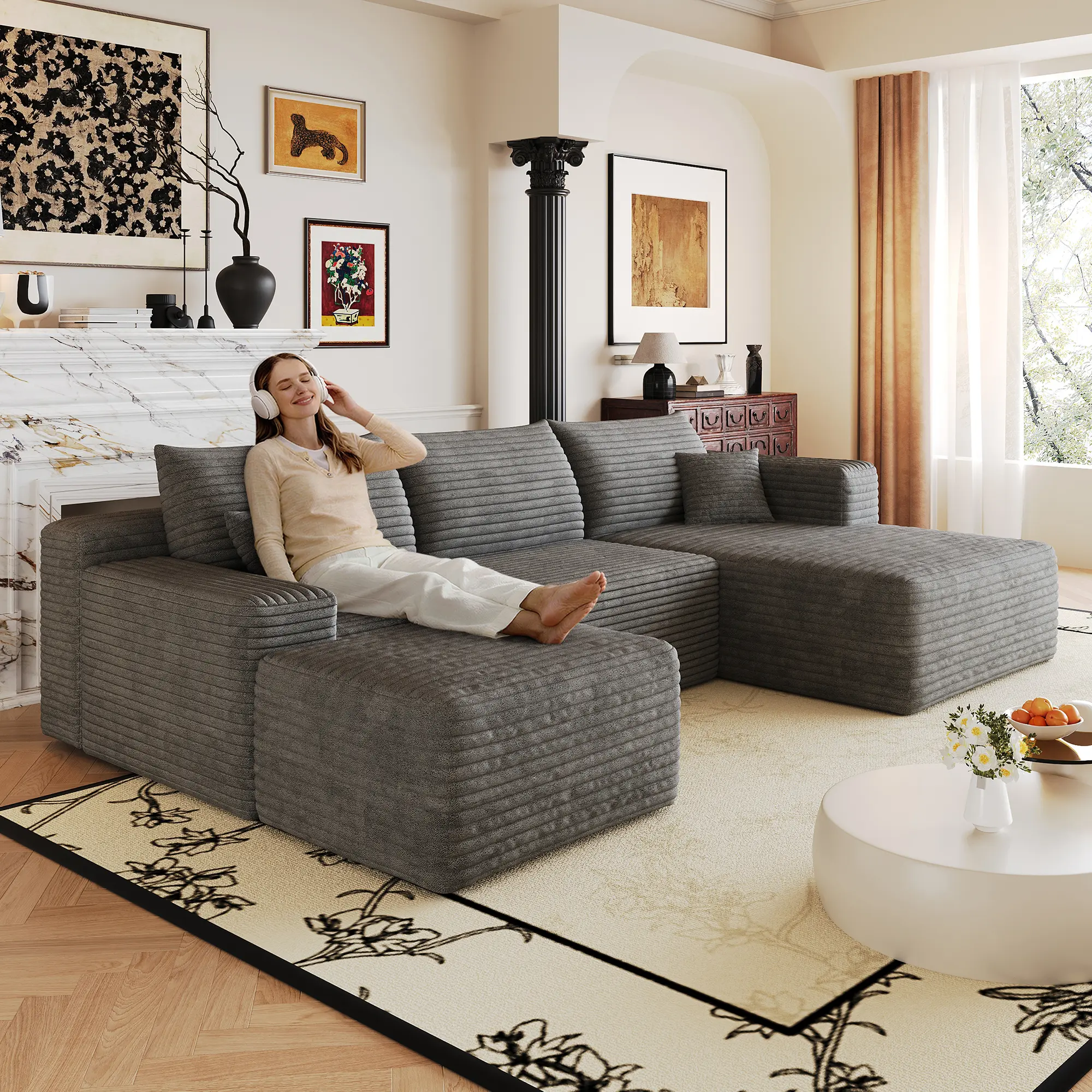 103" Cloud Sectional Sofa, Modern Minimalist L-Shaped Couch, Deep Seat Corner Sofa with Plush Corduroy Fabric, Dark Grey, No Assembly Required, 4-Seat Living Room Furniture, Foam Filled, Fabric Material