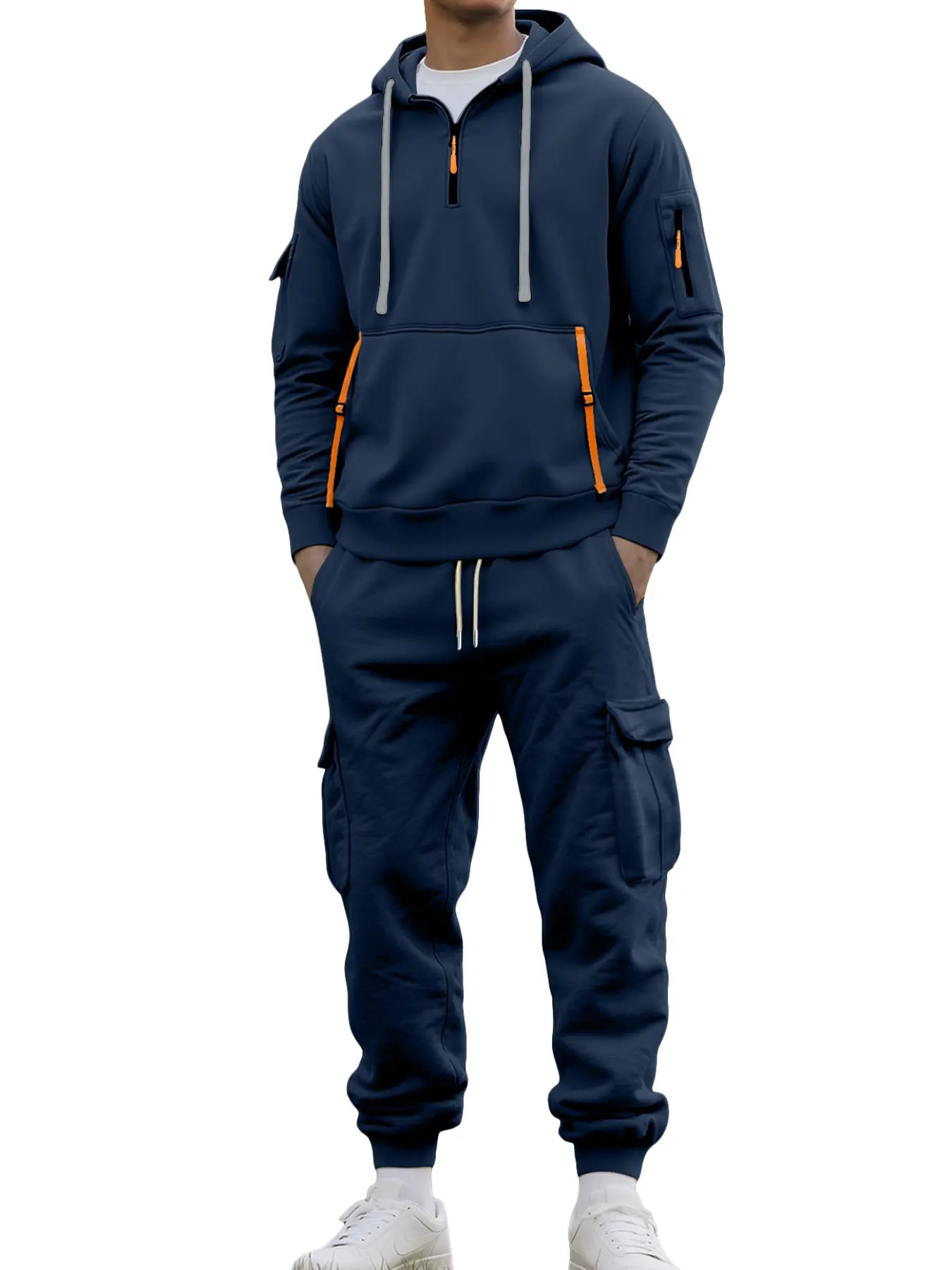 Men's Autumn/Winter Fleece Hoodie and Multi-pocket Cargo Pants with Drawstring, Men's Two-piece Fce and Thickened Warm Fashion Sports Workwear Set, Daily Warm Wear Set, Men's Warm Sports Set