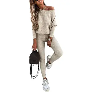 2-Piece Lounge Outfit 2025 Long-Sleeve Knit Pullover Top + Drawstring Pants Tracksuit/Sweat Suit