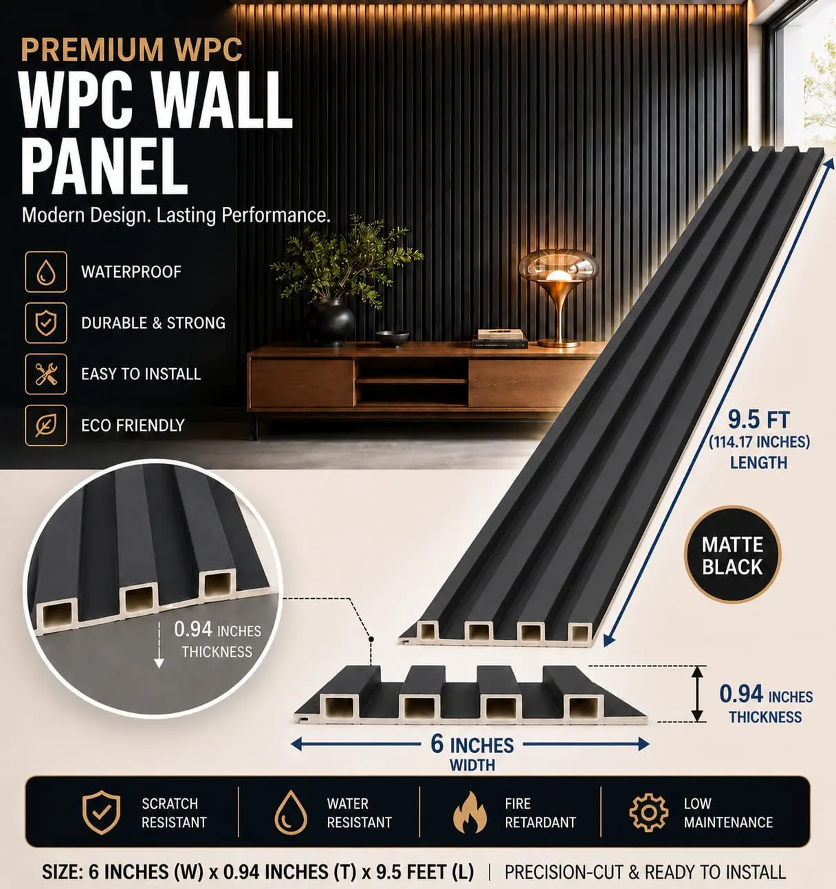 6 × 114.17 inches WPVC Wall Panel – Matte Black