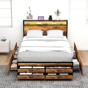 Queen/Full Bed Frame with 8 Storage Drawers, Queen Metal Bed Frame with LED Light and Charging Station, Heavy Duty Metal Slats, No Box Spring Needed, Rustic Brown