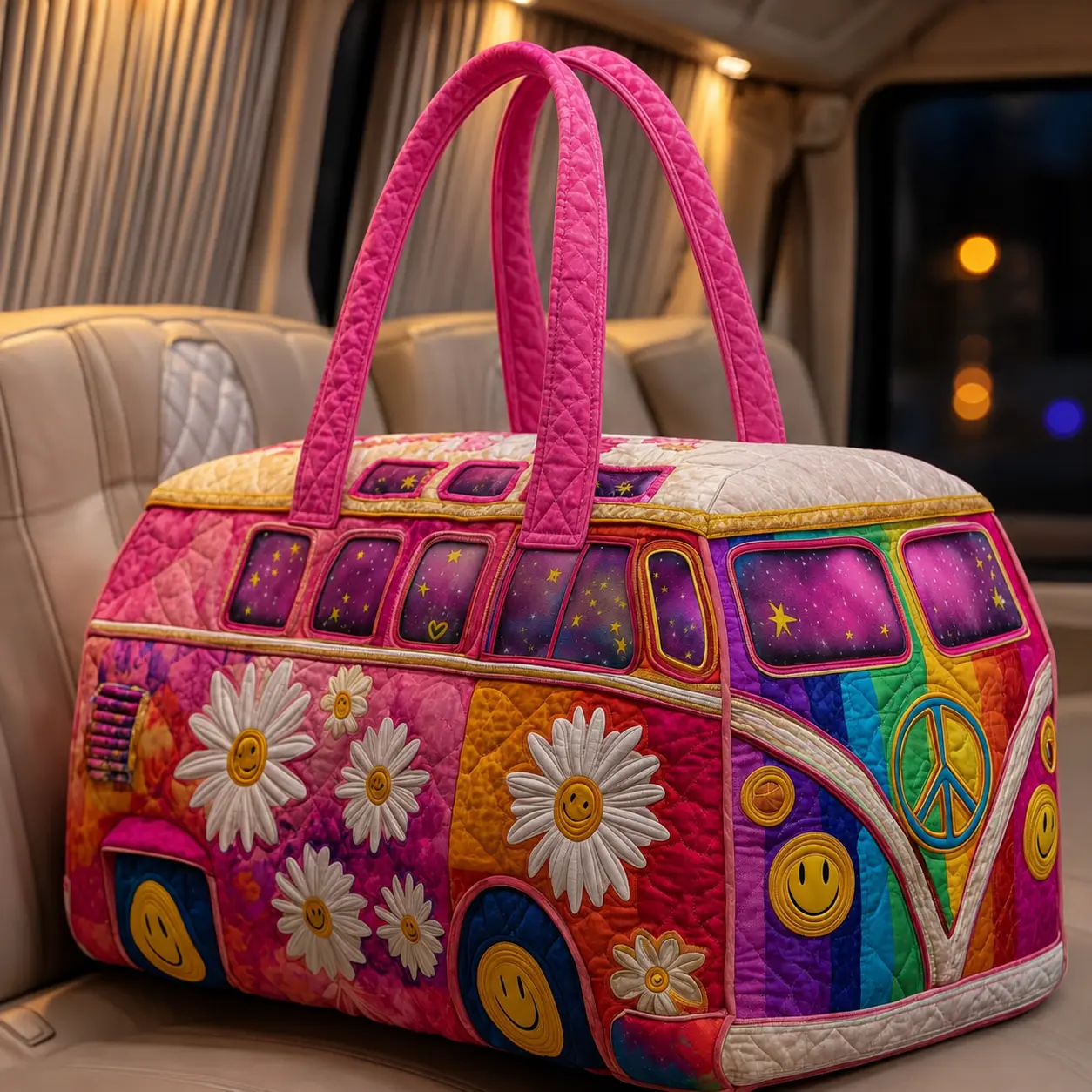 Retro Hippie Van Quilted Duffle Bag, Colorful Weekender Travel Tote, Cute Overnight Carry-On Gym Bag Retro Hippie Van Quilted Duffle Bag, Colorful Weekender Travel Tote, Cute Overnight Carry-On Gym Bag