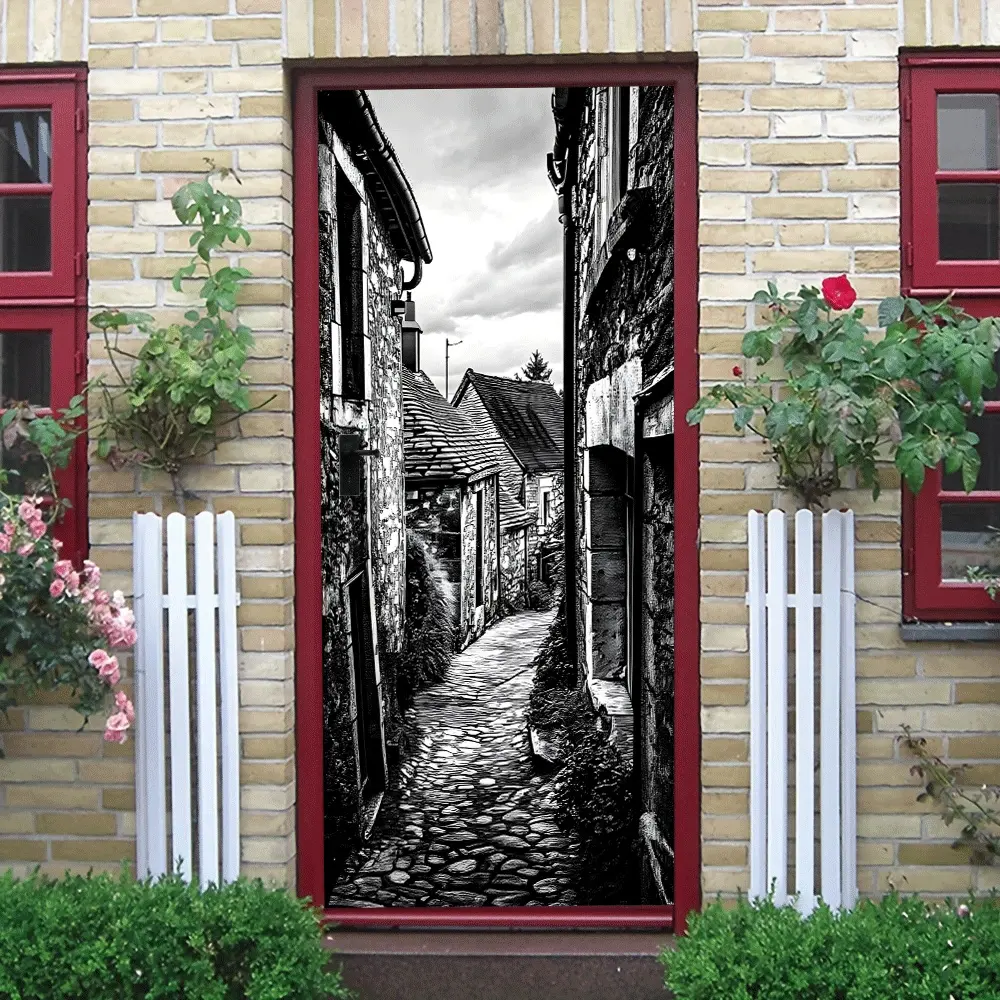 2pcs Vintage European Stone Alley Street View Wall Sticker Self Adhesive Removable Waterproof Mural for Living Room Entrance Corridor Bedroom Dining Room Background Wall Decoration Black and White Nosta