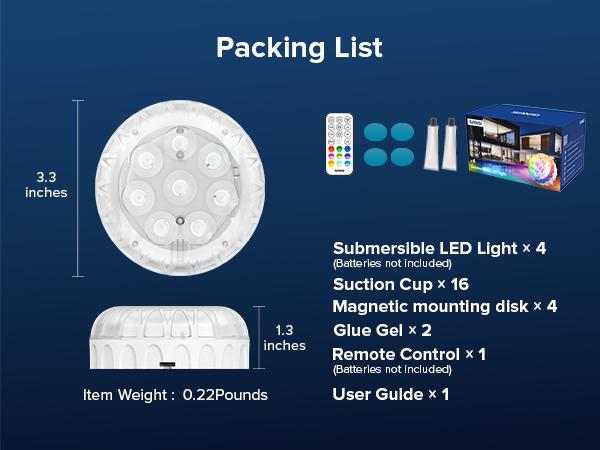 SANSI 8-Pack Submersible LED Pool Lights – RF Remote (200ft), Color-Changing Underwater Spotlights for Ponds, Showers & Inground Pools, Battery Charging, Waterproof with Glue, Magnets & Suction Cups– Perfect for Outdoorfun & Pool Decorations