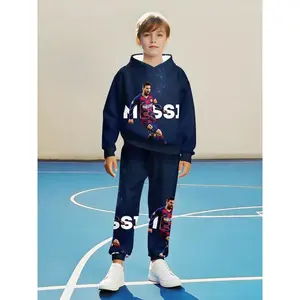 Boys' Football Pattern Printed Set, Casual Sports Wear, Messi Print Hooded Long Sleeve Top and Pants, Spring & Fall Outdoor Activities