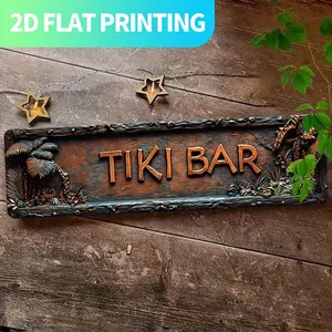 2D Flat, 1pc Vintage Tiki Bar Metal Sign - Retro Tropical Tiki Decor with Palm Trees & Tiki Cup Design, 15.7x3.9 Inch Aluminum Wall Art, Pre-Drilled Holes for Easy Hanging, Farmhouse Kitchen Porch Decor, Unique Gift for Home & Friends, Music Bar Sign, Mus