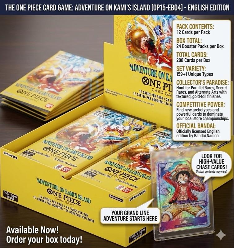 Bandai Namco One Piece Card Game Adventure on Kami's Island OP15-EB04 English Edition 12-Card Booster Pack Limited Edition