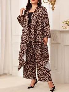 Women's Plus-Size 2-Piece Leopard Print Trouser Suit - Polyester-Spandex Fabric, Elegant Statement Style Spring & Autumn Coat-Cardigan Outfit, Smooth Comfortable Women's Clothes