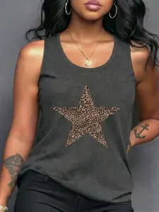 Viral Y2K Leopard Star Print Sleeveless Cotton Tank Top Women's Summer Streetwear, Style, Soft Breathable High Stretch Fabric For Coffee Run Brunch Festival Vacation Wear Aesthetic Graphic Tee Fashion Slim Fit Basic Top TikTok Viral