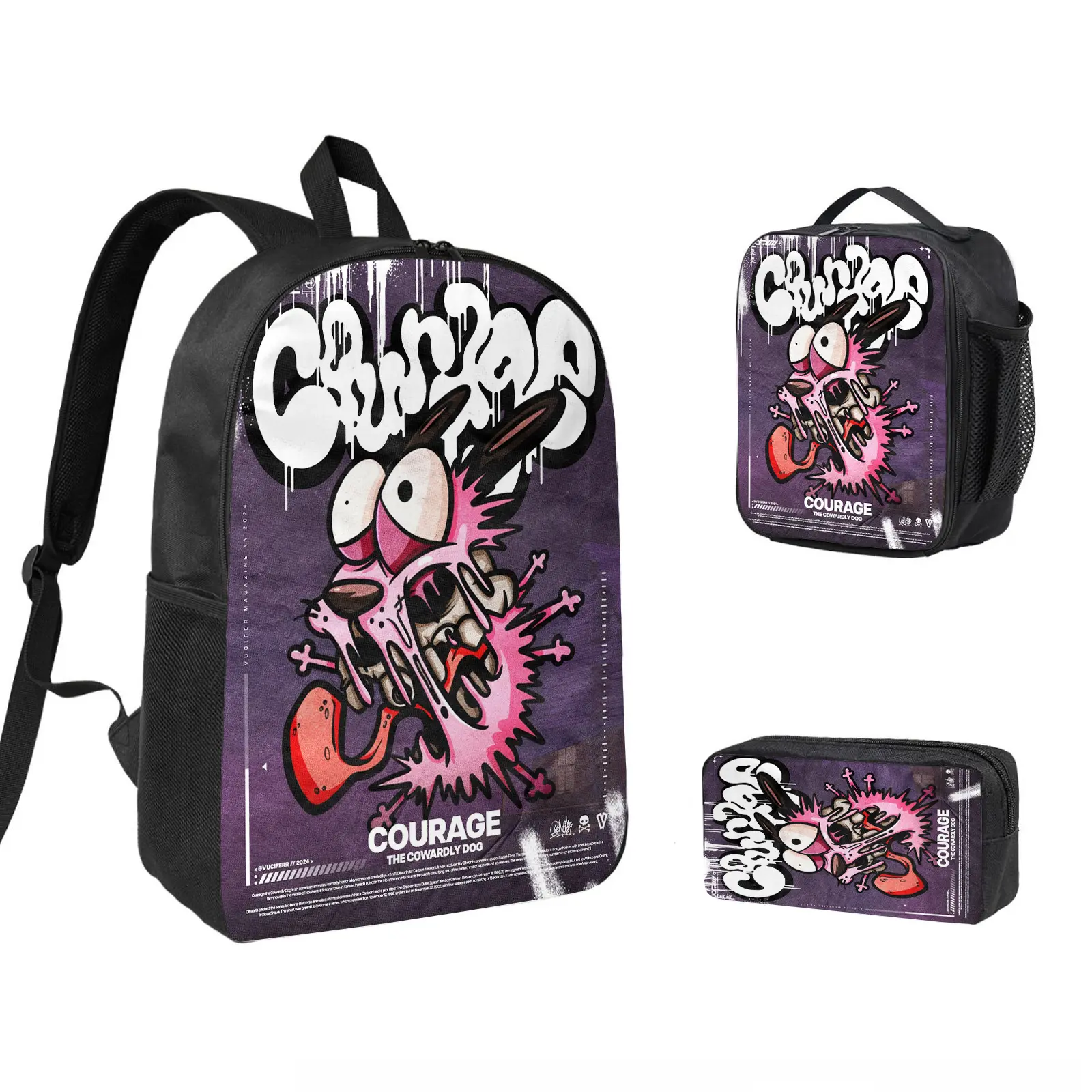 Courage the Cowardly Dog 3 PCS Backpack Set, Durable School Bookbag with Insulated Lunch Bag & Pencil Case for Teens Boys Girls, Comfortable Travel Daypack Gift for Fans d-67