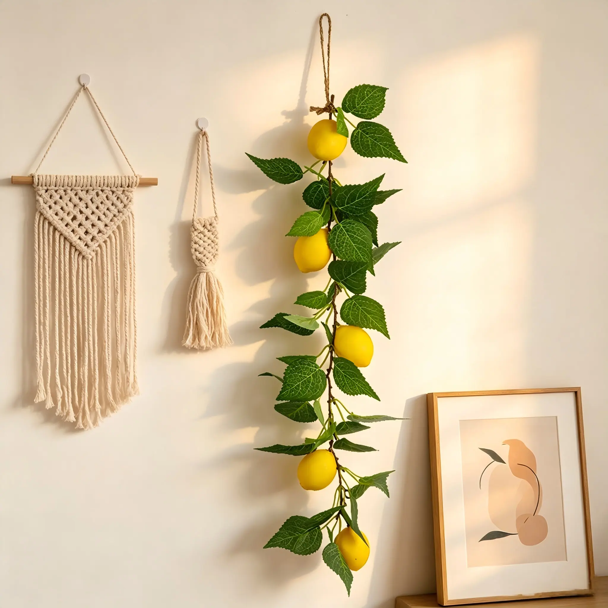Artificial Lemon Garland Hanging Vine, 21.65" Fake Lemon Branch with Green Leaves, Summer Farmhouse Wall Decor for Kitchen, Bathroom, Balcony, Wedding & Party