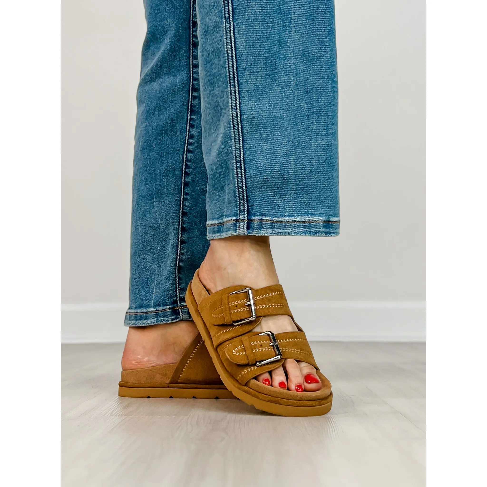 Corkys Smitten Double Buckle Sandals in TOBACCO FAUX SUEDE