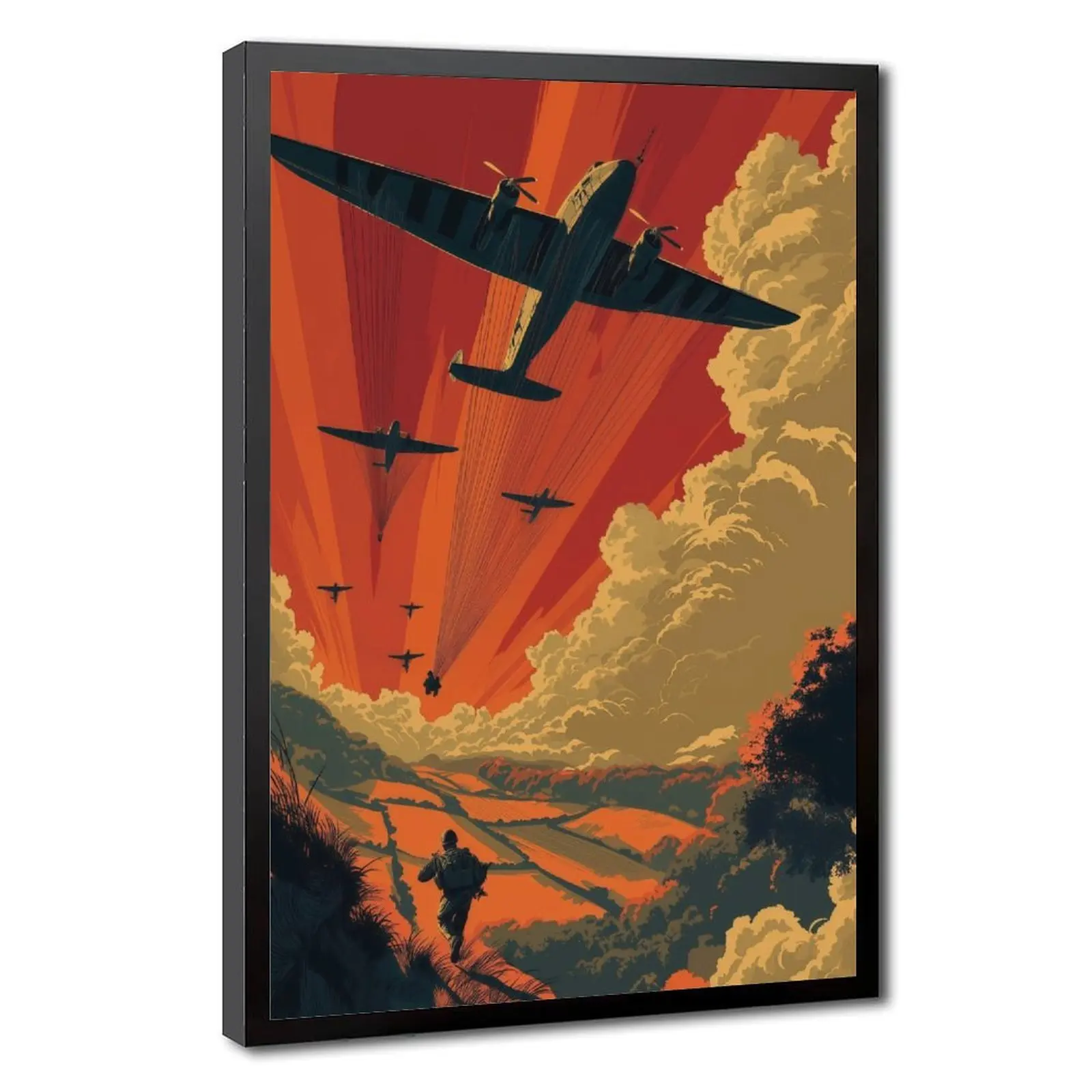 Vintage WWII Military Transport Planes Canvas Wall Art, Retro Sunset War Paratrooper Propaganda Poster Print, Burnt Orange Retro Aviation Wall Decor for Man Cave Garage Veteran Room Office, Unframed Canvas Painting