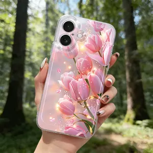 Sparkling Tulip Transparent Phone Case, Spring Floral Full Coverage Anti-Drop Protection, Fits iPhone 17 Pro Max, Birthday Gift