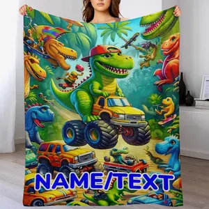 Custom Name Dinosaur & Car  Blanket ,Personalized Name Gift ,Suit for The Sofa, Bed, Travel, Camping, Living Room, Office, Chair，Gifts for Family or Child  ,Friend , Send your custom text via shop chat to personalize