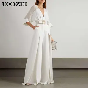 UOOZEE Women's Summer Solid Color Front Slit Contrast Color High Waist V-Neck Jumpsuit with Belt Basic Bat Sleeve Slim Fit Simple Jumpsuit, Multi-color, Multi-occasion Wear, Can Be Worn in All Seasons Jumpsuit