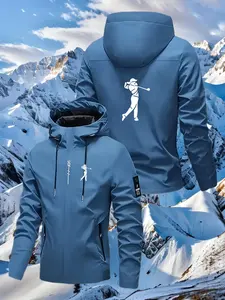 Men's Casual Golf Print Zipper Hooded Jacket, Lightweight Durable Polyester, Long Sleeve Pockets, Outdoor Sports, All Seasons