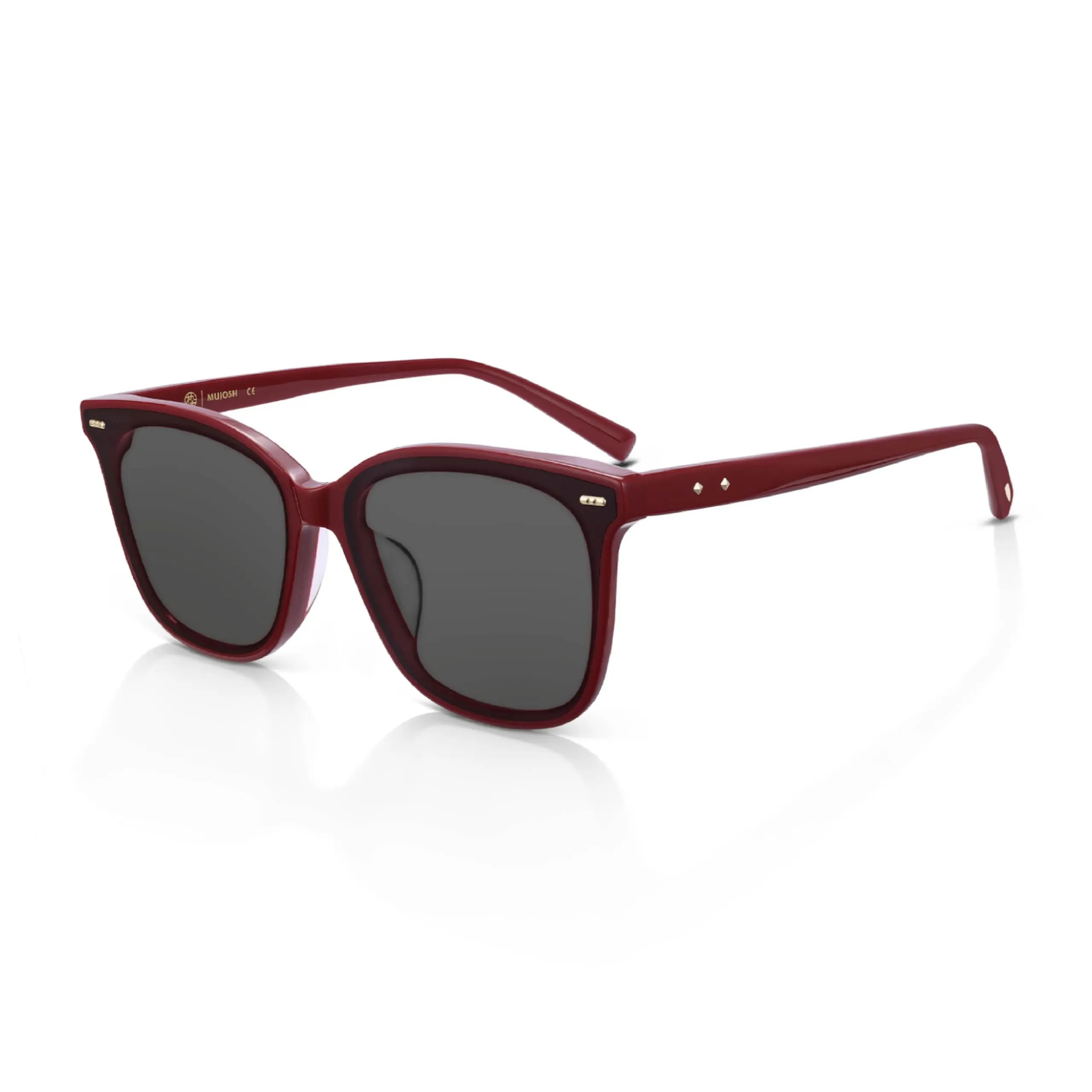 MUJOSH Square Sunglasses for Men Women, Polarized Flush-Mount Shades with Minimalist Rivets, Acetate UV400 Eyewear with Crystal Logo, Red, Brand of EssilorLuxottica