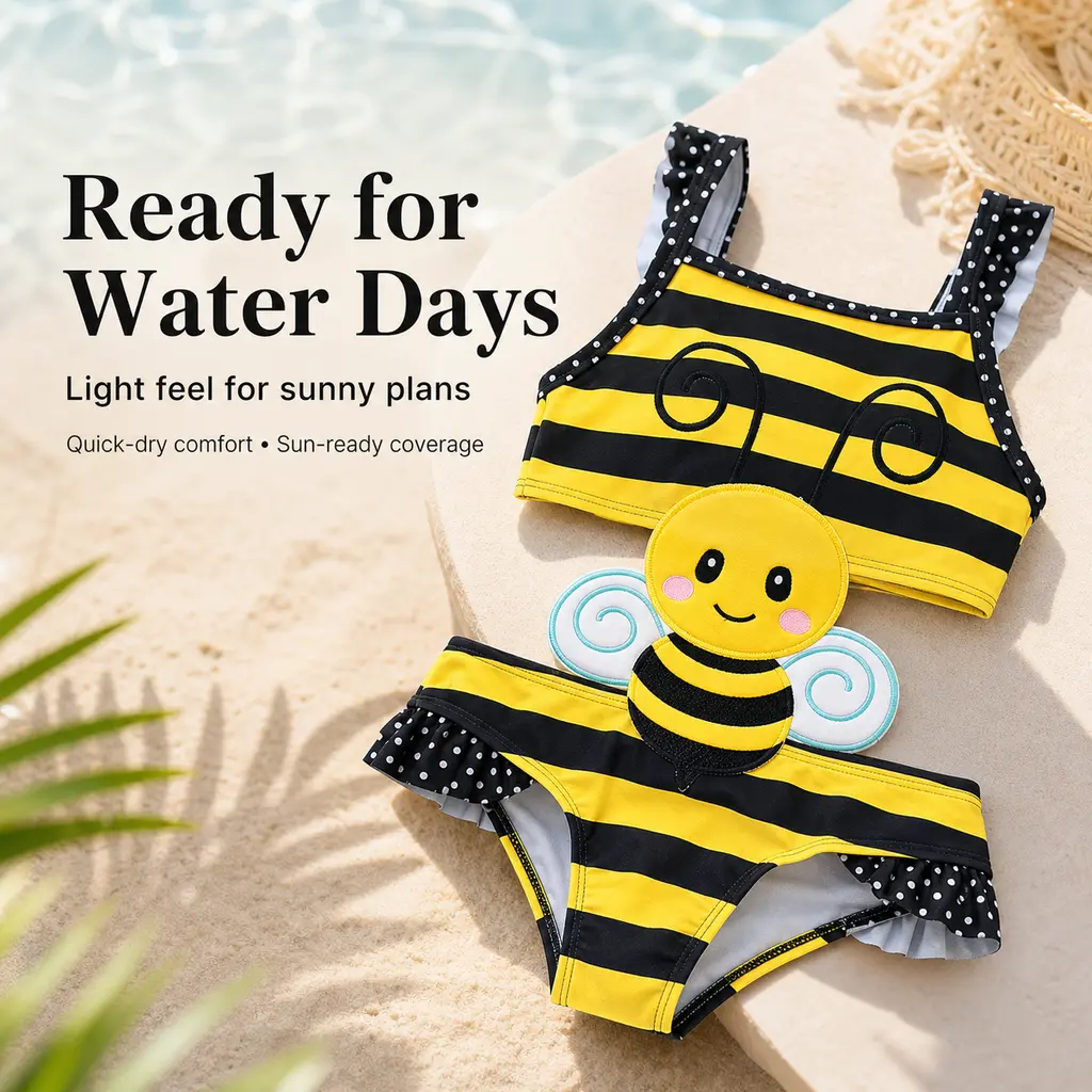 Girls' 3D Bumble Bee Applique 1-Piece Tankini - Black & Yellow Striped, Polka Dot Ruffles, Toddler Bathing Suits for 1-6Y, Spiral Swimsuit Girl's Tankinis Set, Swimwear Toddler Girls Swimsuit Swimsuits Swimwear