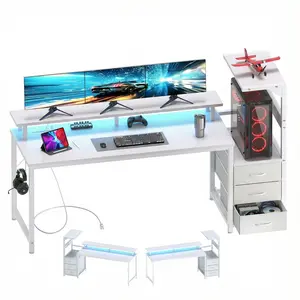L Shaped Gaming Desk with RGB LED Lights, 52"/59" Reversible Gaming Desk with Power Outlets, Drawers & Shelves, Computer Desk for Gaming & Streaming, White