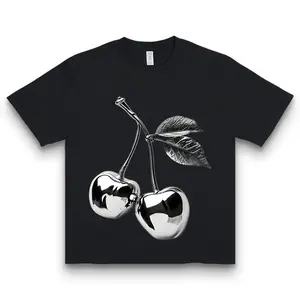 Women's White Short-Sleeve T-Shirt 100% Cotton with Black Leaf & Metallic Cherry Print Round Neck Casual Summer Wear Breathable Crewneck Tee