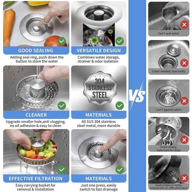 3-in-1 Kitchen Sink Drain Strainer Stainless Steel Sink Plug Deodorizing Anti-Clog Basket Strainer for US Standard 3-1/2 Inch Drains 304 Stainless Steel Quality
