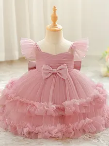 Pink Baby Girl Clothes Toddler Outfit Big Bow Tulle Christening Cocktail Toddler Baptism Pageant Ball Gown Princess Dress for all Season 6 Months to 3 Years