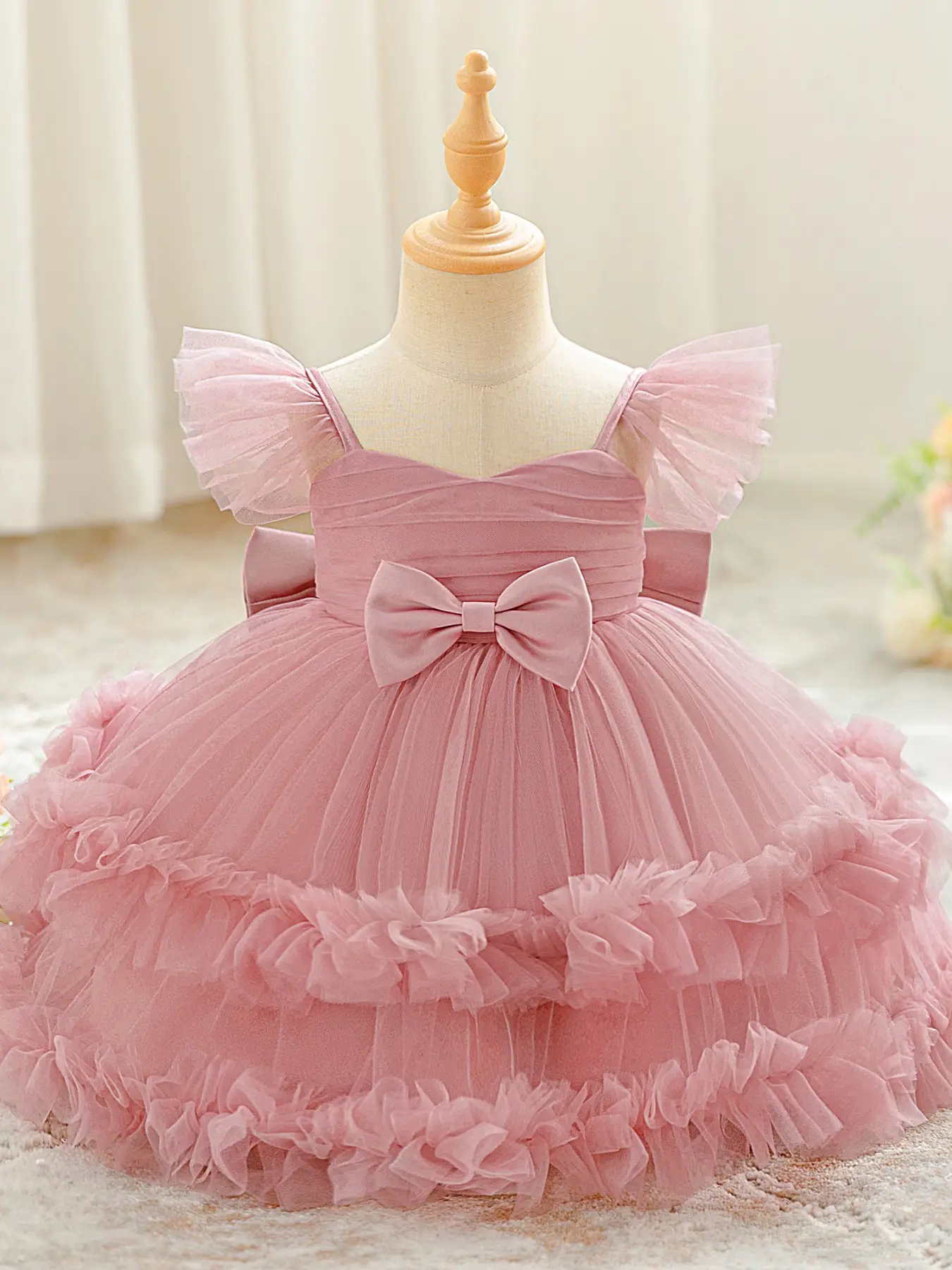 Pink Baby Girl Clothes Big Bow Tulle Christening Cocktail Toddler Baptism Pageant Ball Gown Princess Dress for all Season 6 Months to 3 Years