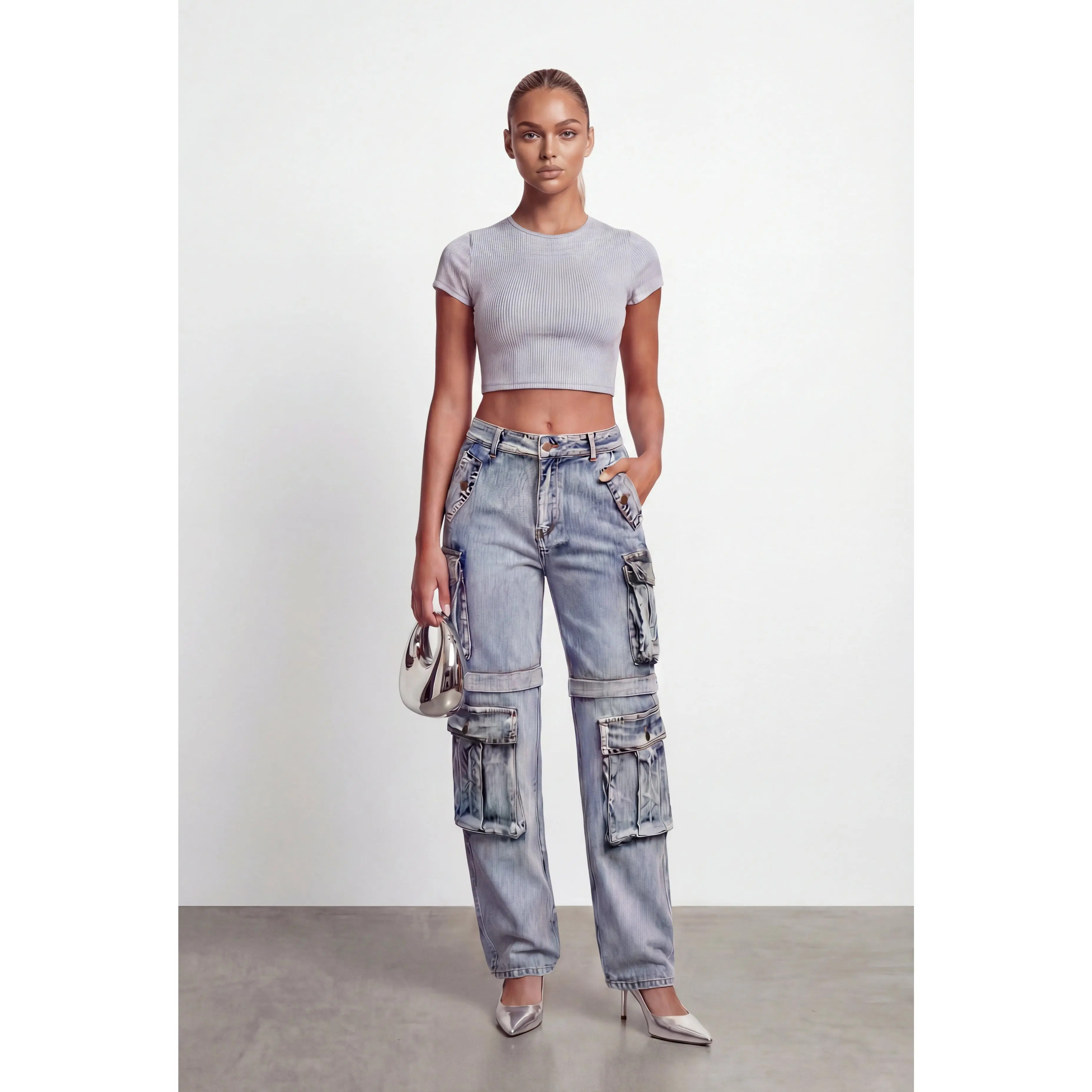 Vivian Mid Rise Cargo Straight-Leg Jeans